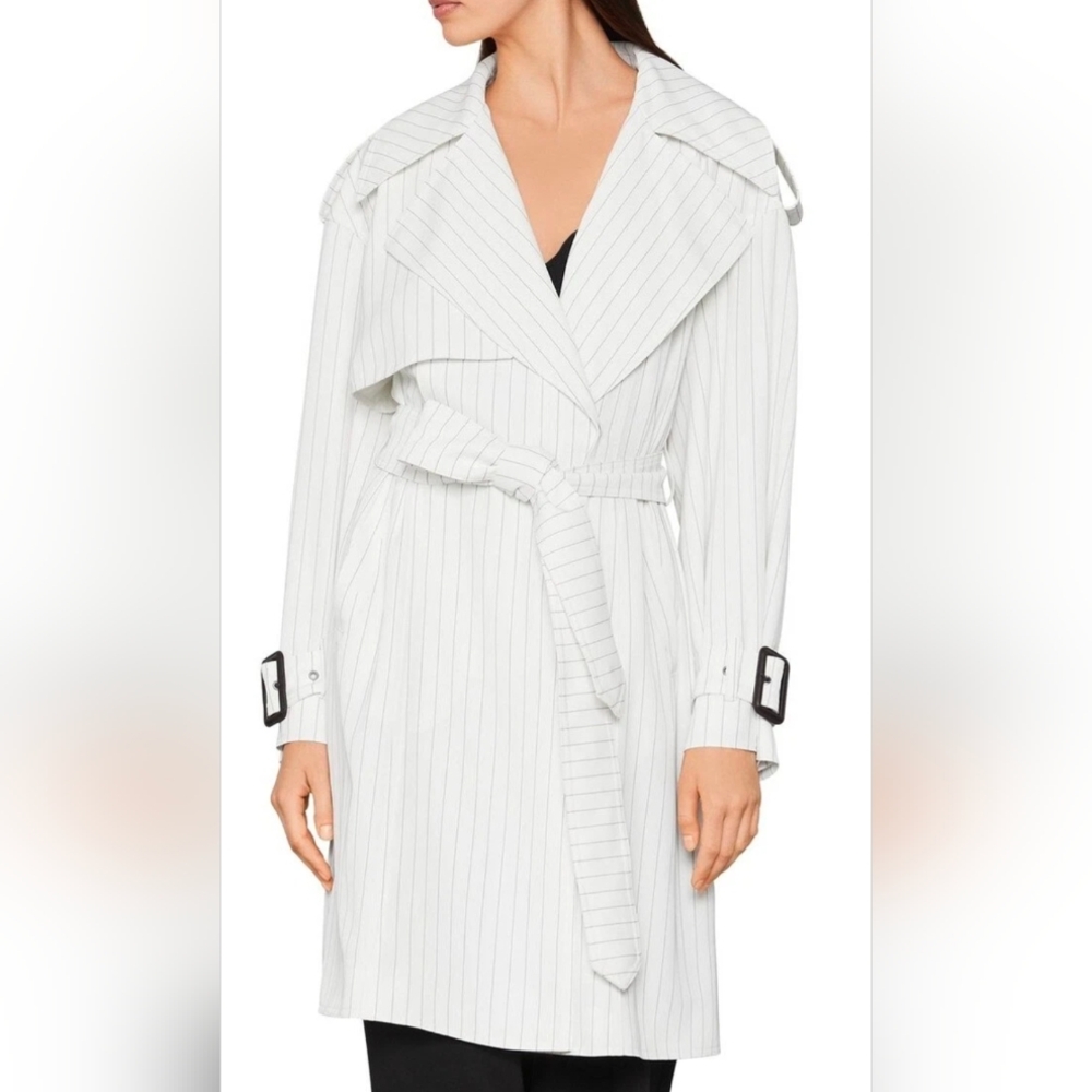 BCBG MAXAZRIA Aurora White Black Pinstripe Belted Trenchcoat Jacket  XS